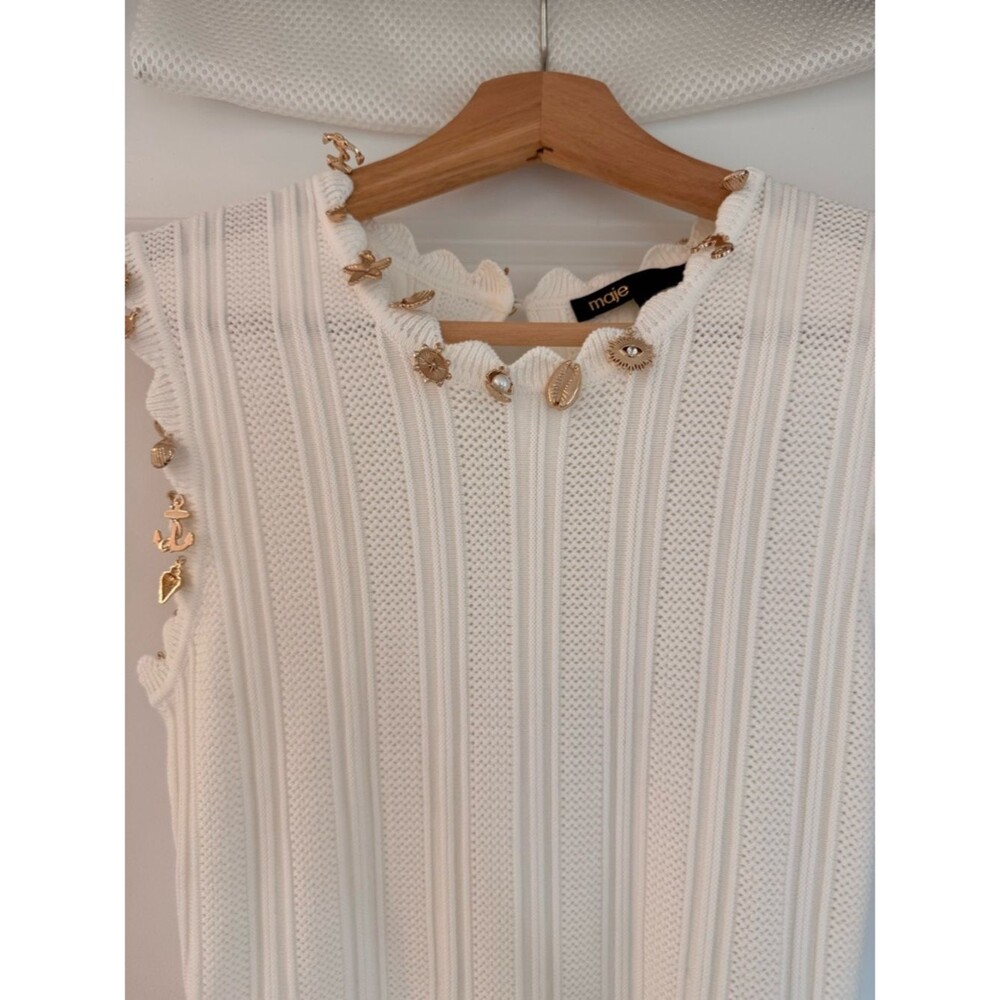 New MAJE White Sleeveless Embellished Knit midi dress with gold jewellery - Picture 9 of 16